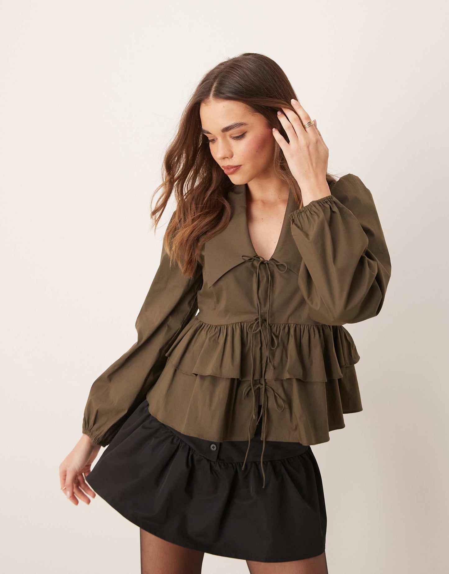 Tie Front Long Sleeve Tiered Shirt