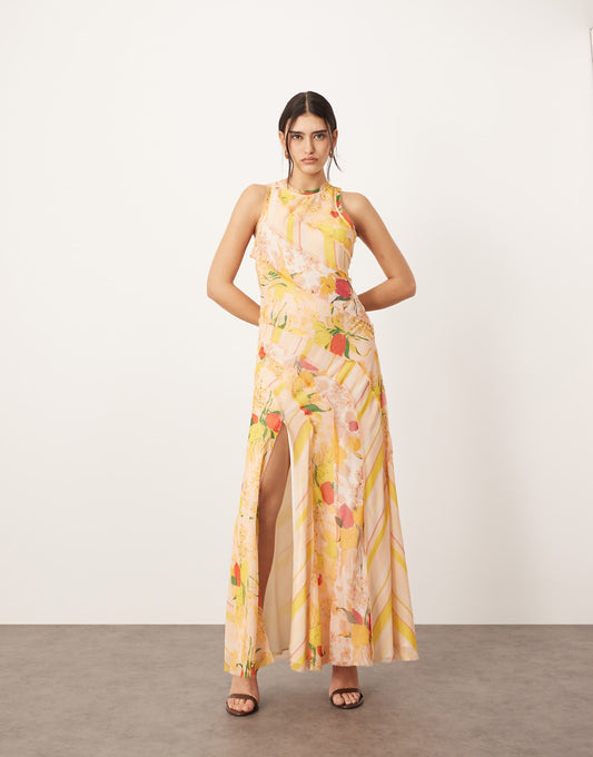 Racer Neck Raw Edge Panelled Maxi Dress