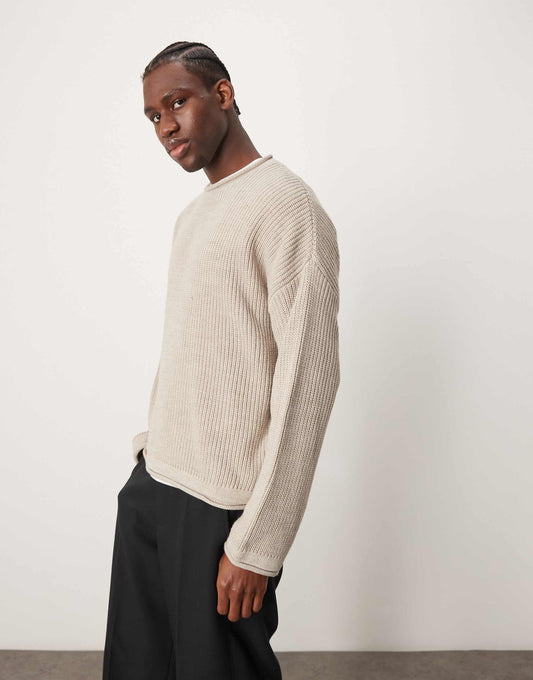 Knitted Oversized Boxy Jumper With Rolled Neck