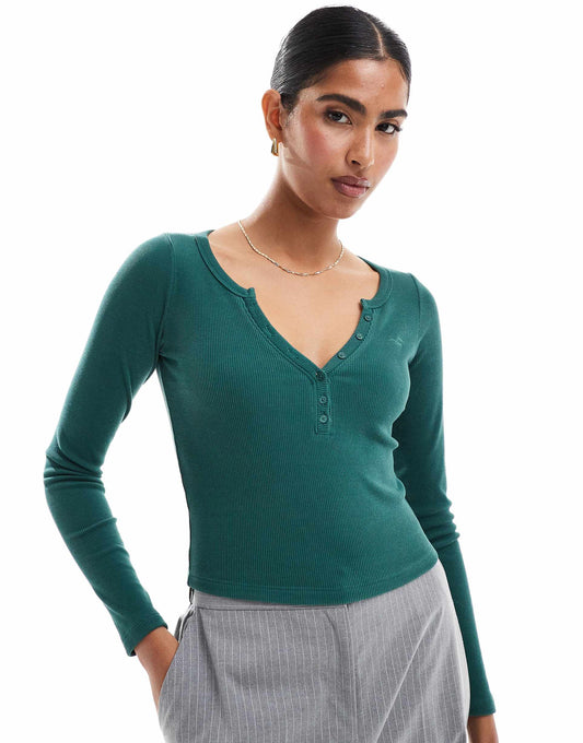 Ribbed Button Detail Plunge Neck Top