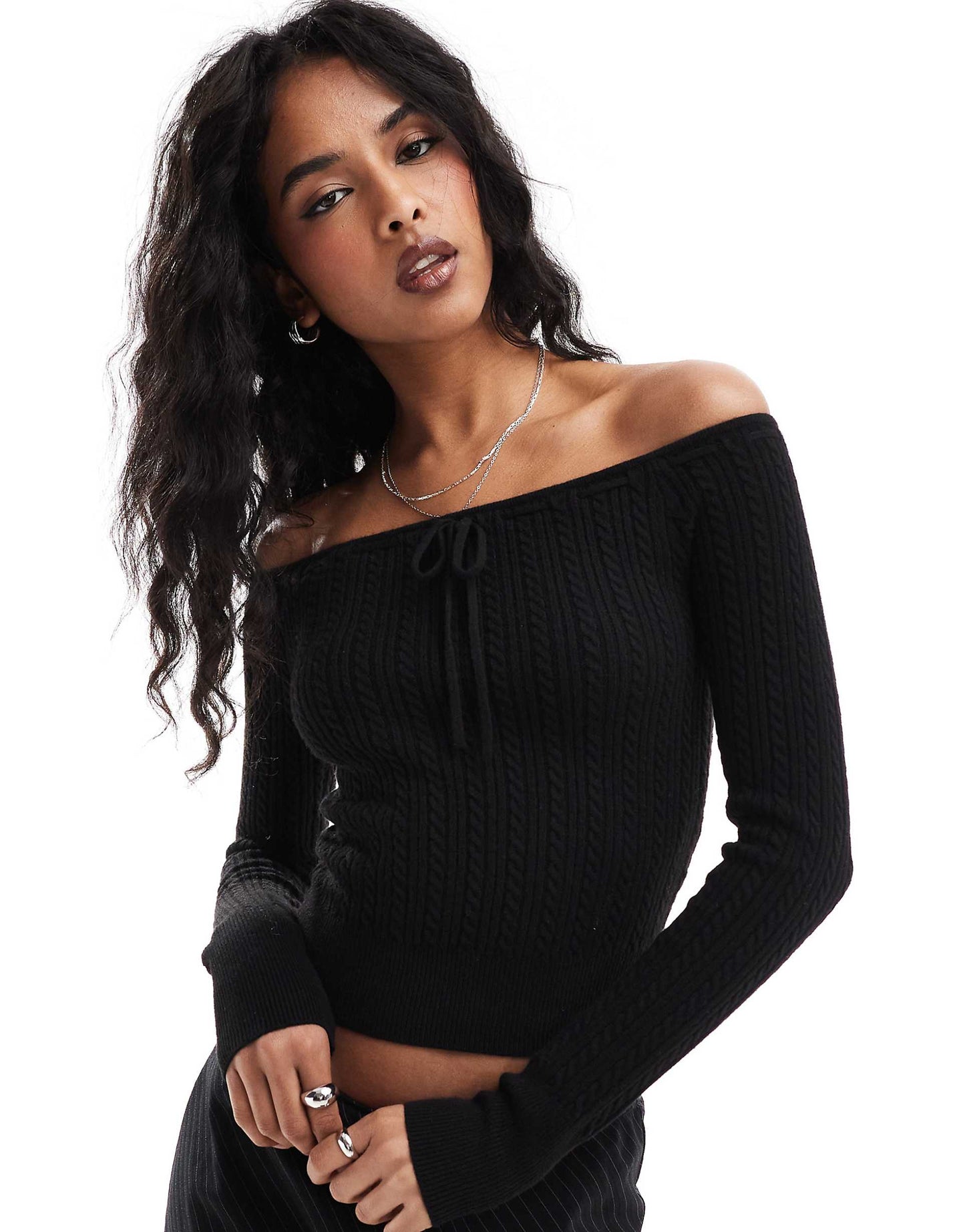 Cable Knitted Off Shoulder Tie Front Top
