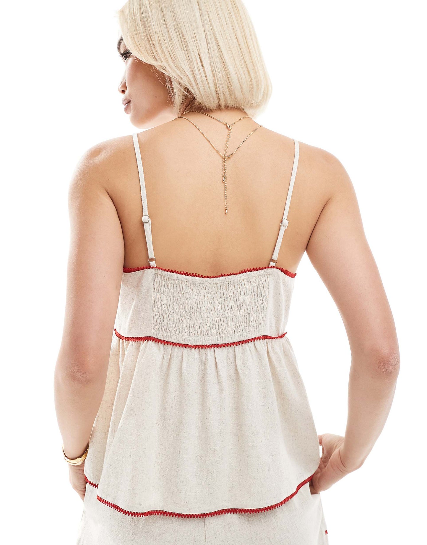 Exclusive Contrast Trim Square Neck Linen Blend Beach Top Co-Ord