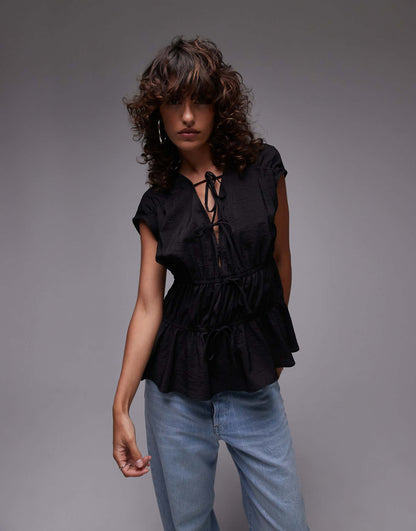 Sleeveless Tie Front Tiered Top