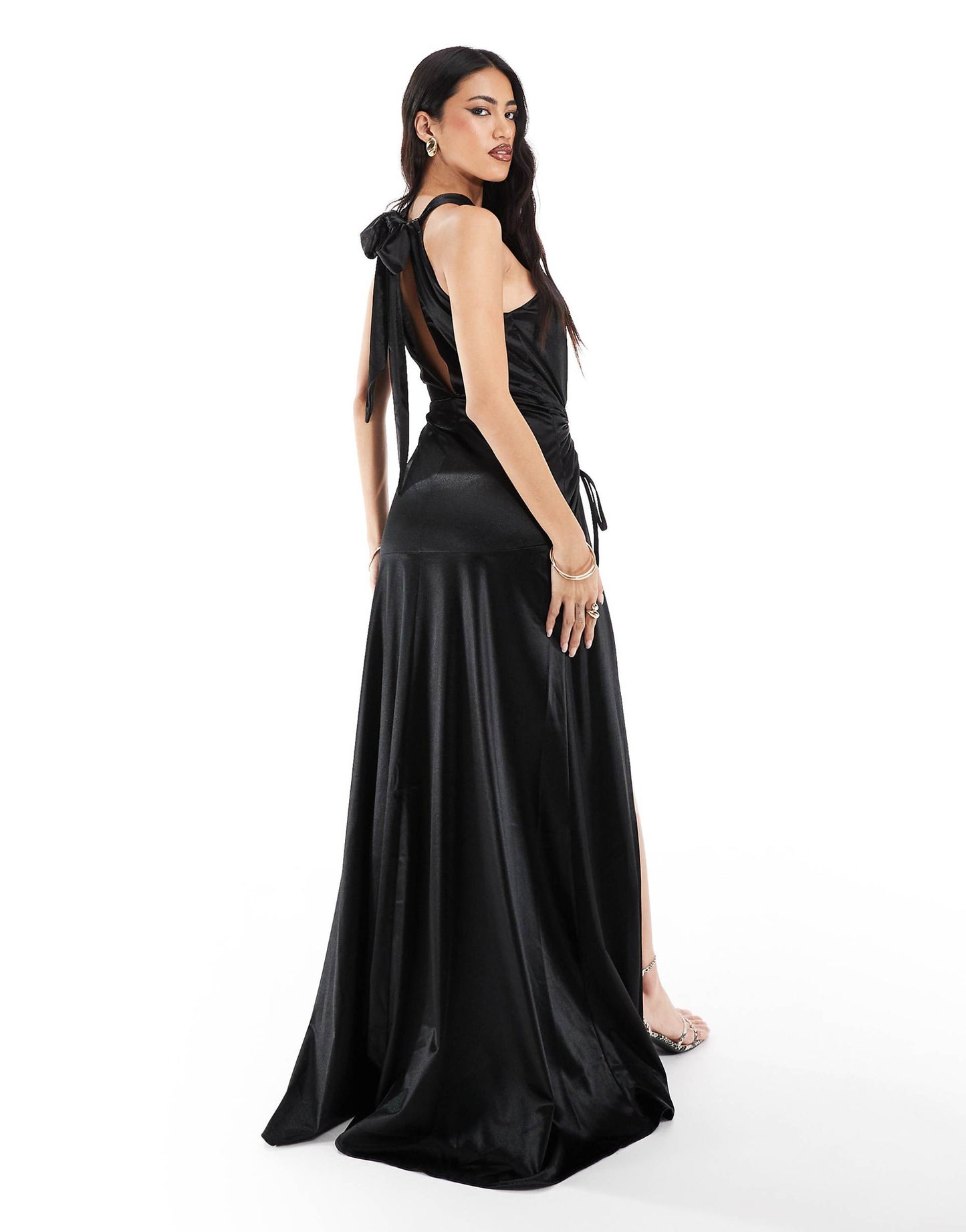 Halter Neck Front Split Satin Maxi Dress