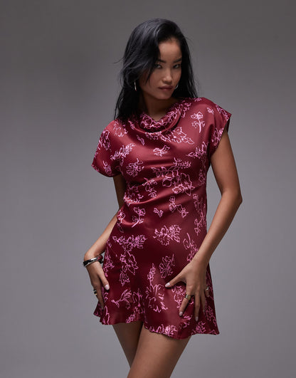 Ruched Side Grown On Shoulder Mini Dress Red Print