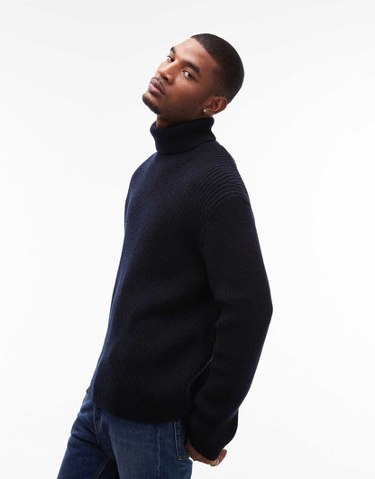 Wool Blend Knitted Rib Oversized Rollneck Sweater