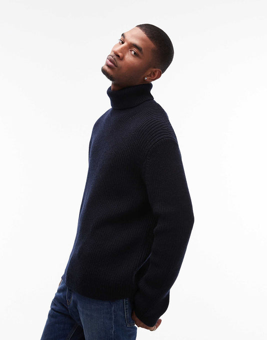 Wool Blend Knitted Rib Oversized Rollneck Sweater
