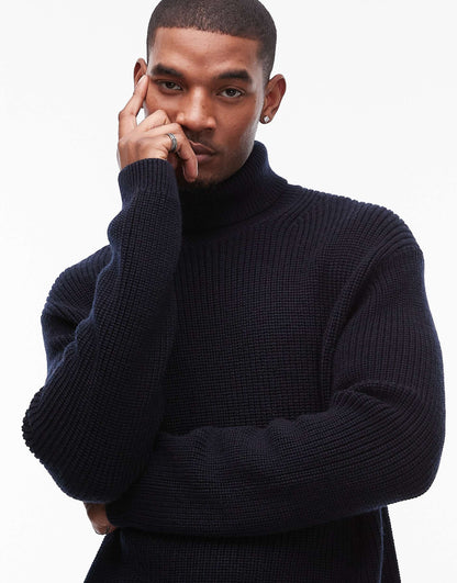 Wool Blend Knitted Rib Oversized Rollneck Sweater