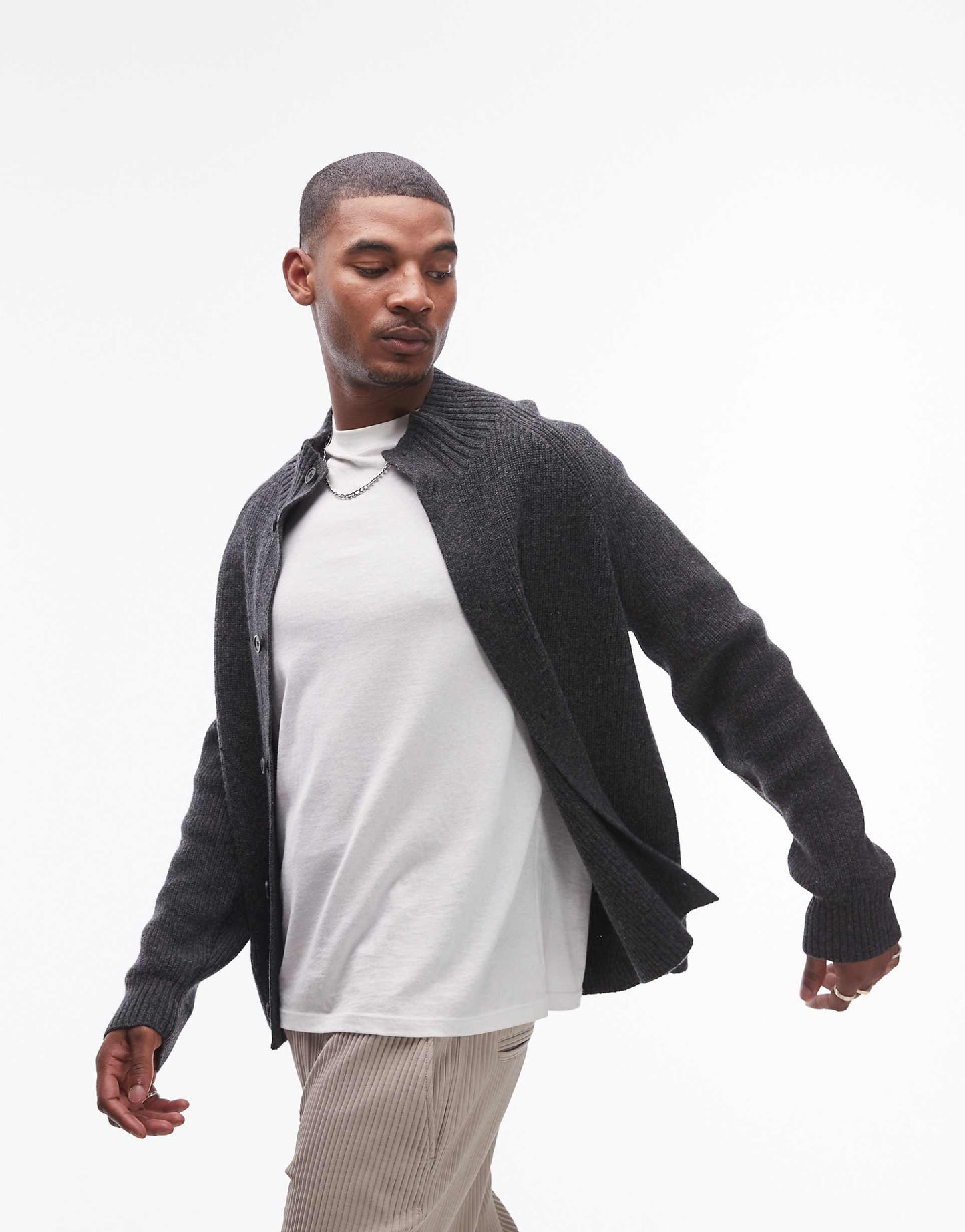 Wool Knitted Cardigan With Funnel Neck