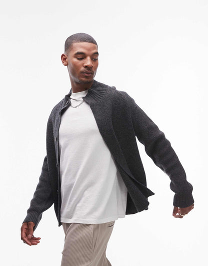 Wool Knitted Cardigan With Funnel Neck