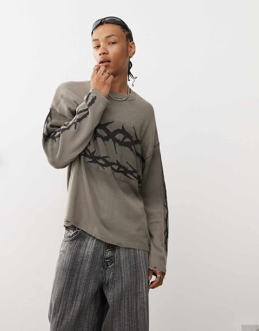 Grey Washed Jumper With Thorn Artwork