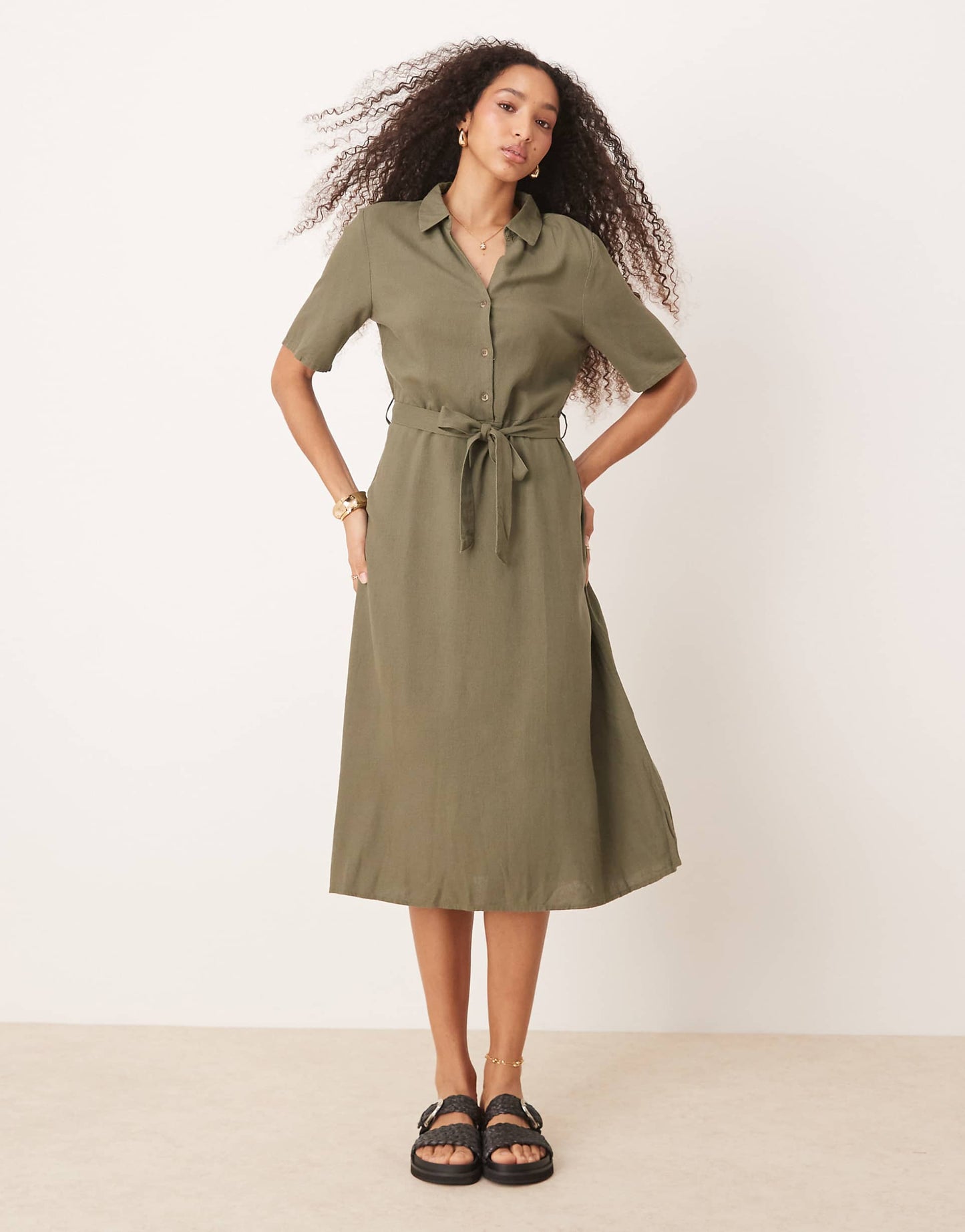 Linen Mix Midi Shirt Dress