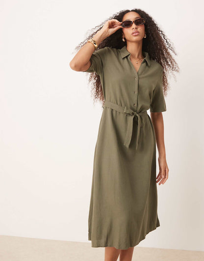 Linen Mix Midi Shirt Dress