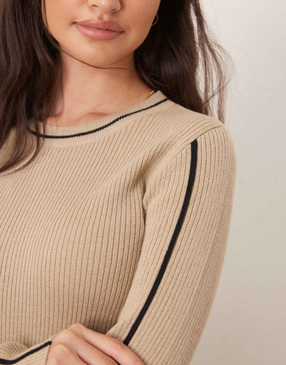 Contrast Details Ribbed Knitted Jumper