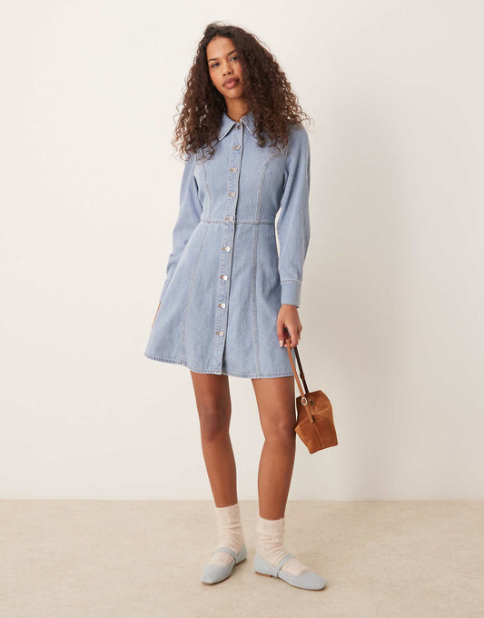 Long Sleeve Belted Denim Dress