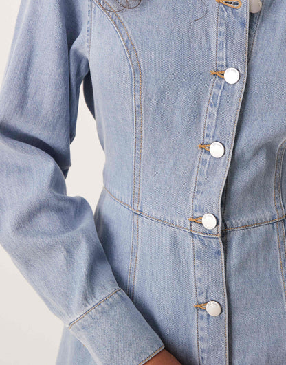 Long Sleeve Belted Denim Dress