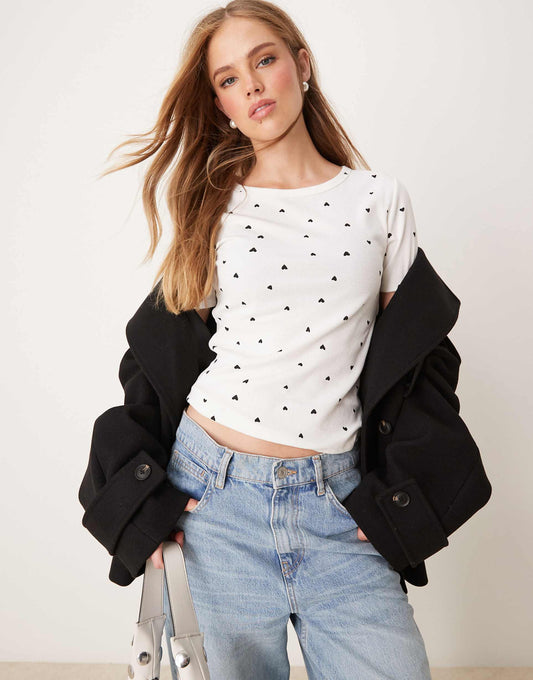 All Over Heart Print Ribbed T-Shirt
