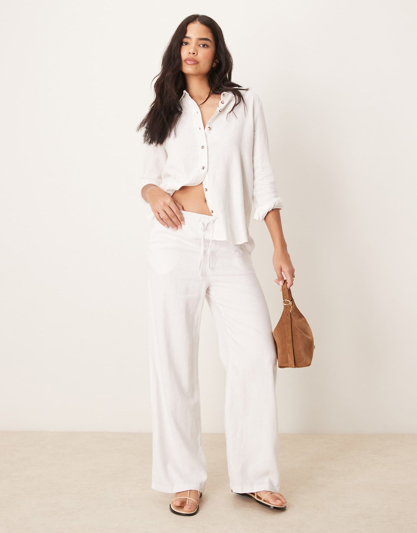 Wide Leg Tie Waist Linen Mix Trousers Co-Ord