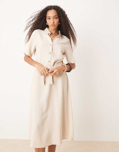 Linen Mix Midi Shirt Dress