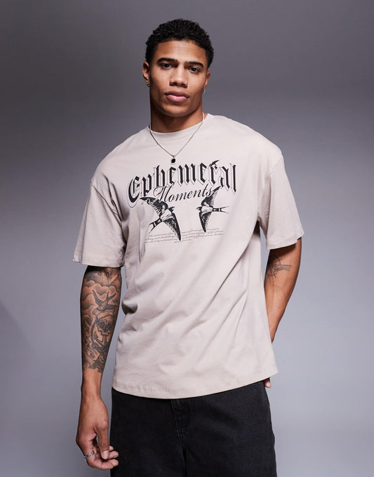 Oversized T-Shirt With Birds Chest Print