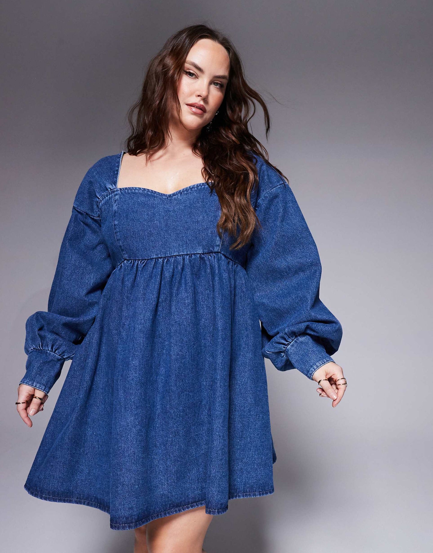 Curve Denim Long Sleeve Baby Doll Mini Dress With Bow Back