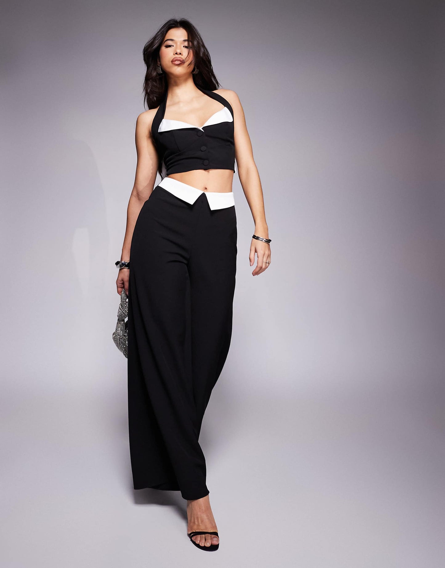 Co-Ord Satin Contrast Halter Bralet With Bow Back