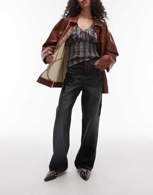 Mid Rise Loose Fit Straight Jean With Lace Detail