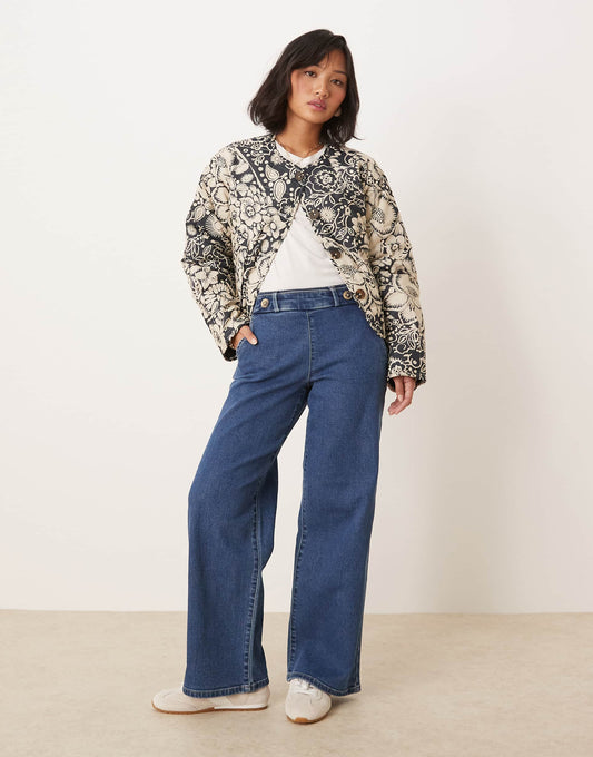 Petite High Waist Wide Leg Jeans With Buttons Details