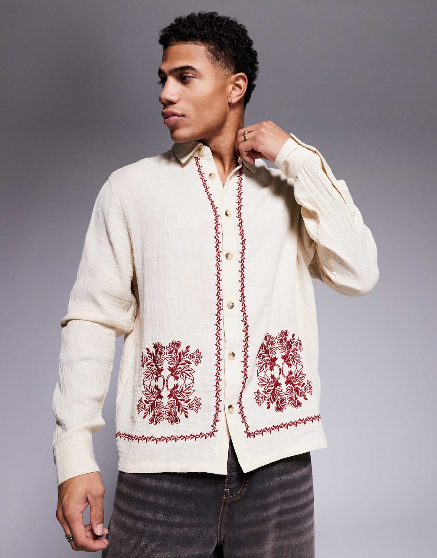 Boxy Textured Shirt With Border Print - Stone