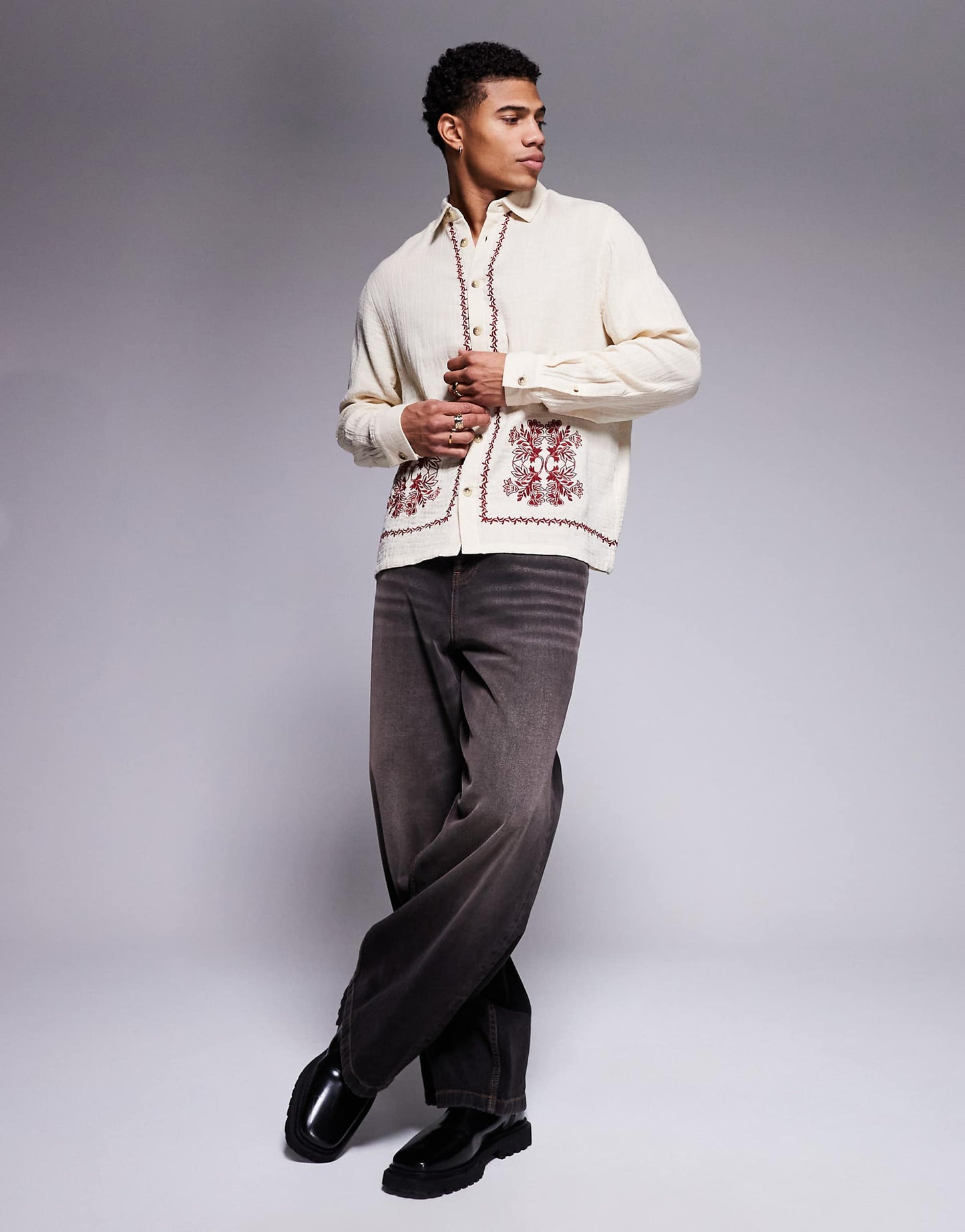 Boxy Textured Shirt With Border Print - Stone