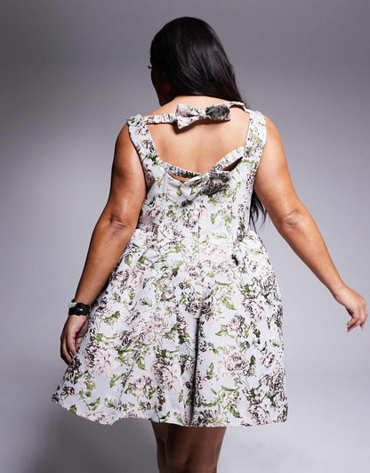 Curve Jacquard Cinched Waist Skater Mini With Bow Back