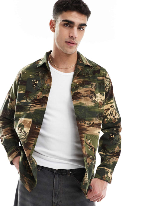 Camo Ski Scene Print Fine Wale Cord Shirt Classic Oversized Fit