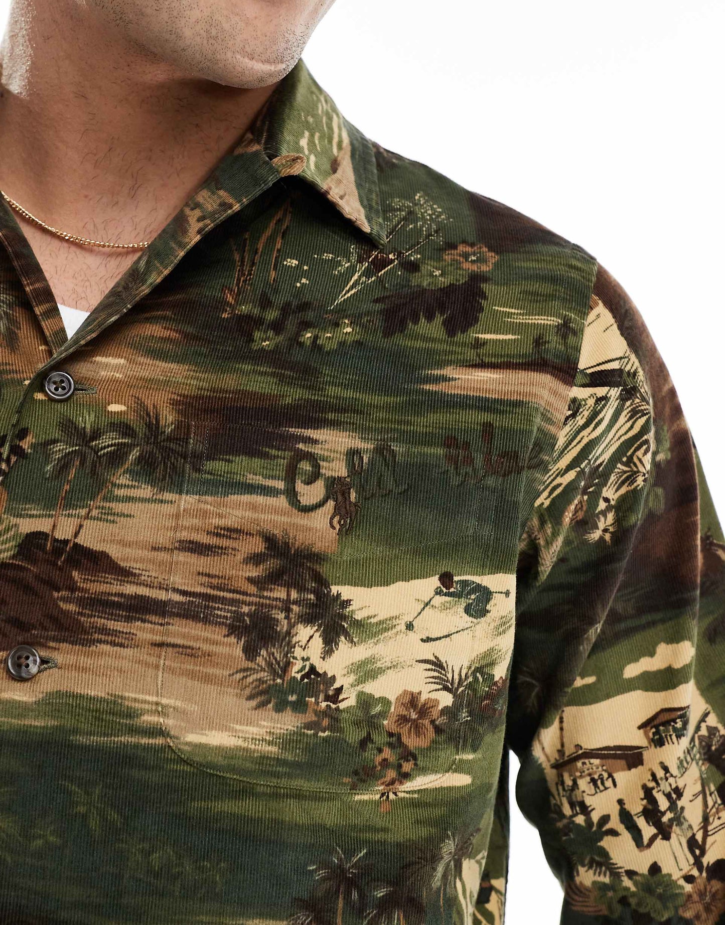 Camo Ski Scene Print Fine Wale Cord Shirt Classic Oversized Fit