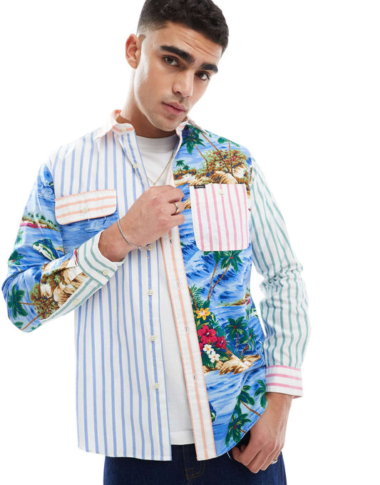 Tropical Patchwork Print Oxford Shirt Classic Oversized Fit