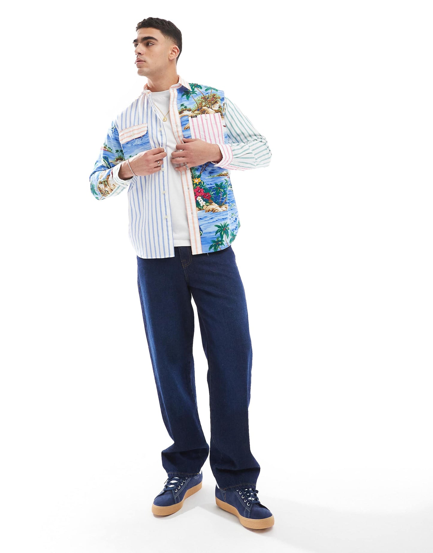 Tropical Patchwork Print Oxford Shirt Classic Oversized Fit