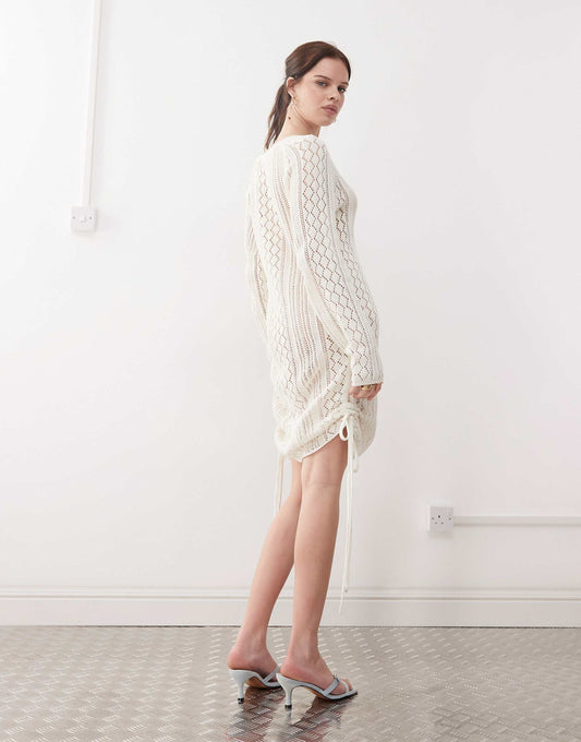 Open Knit Ruched Tie Side Dress