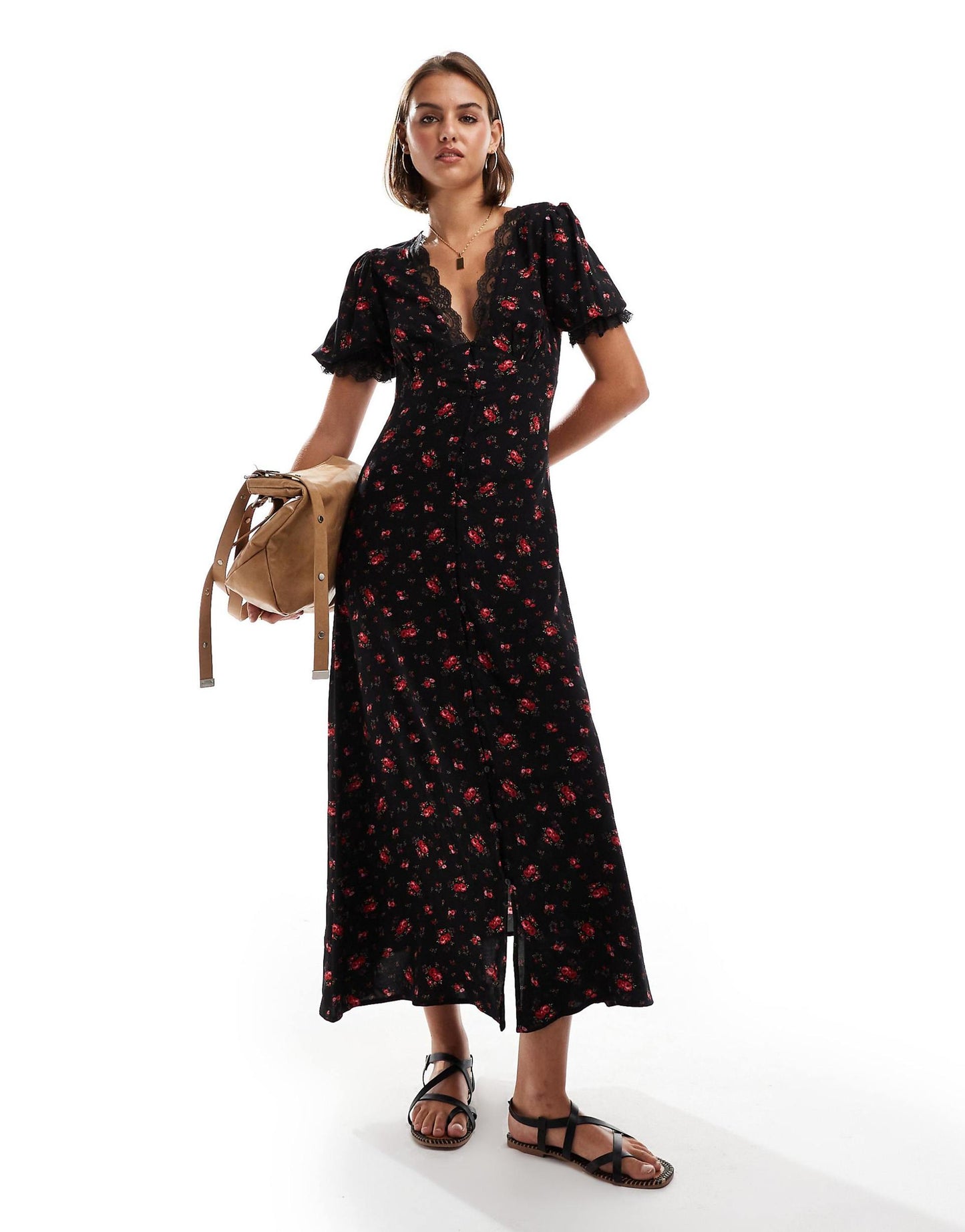 Lace Trim Button Through Maxi Dress