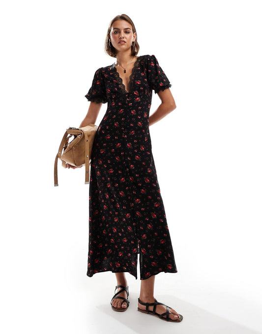 Lace Trim Button Through Maxi Dress