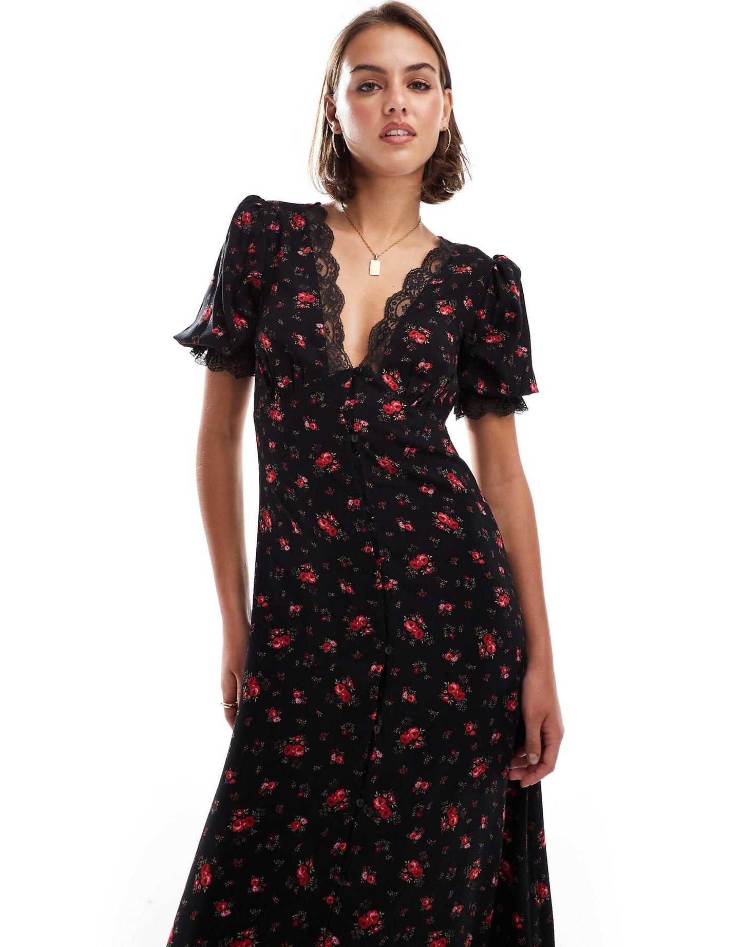 Lace Trim Button Through Maxi Dress