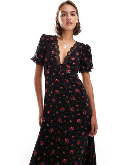 Lace Trim Button Through Maxi Dress