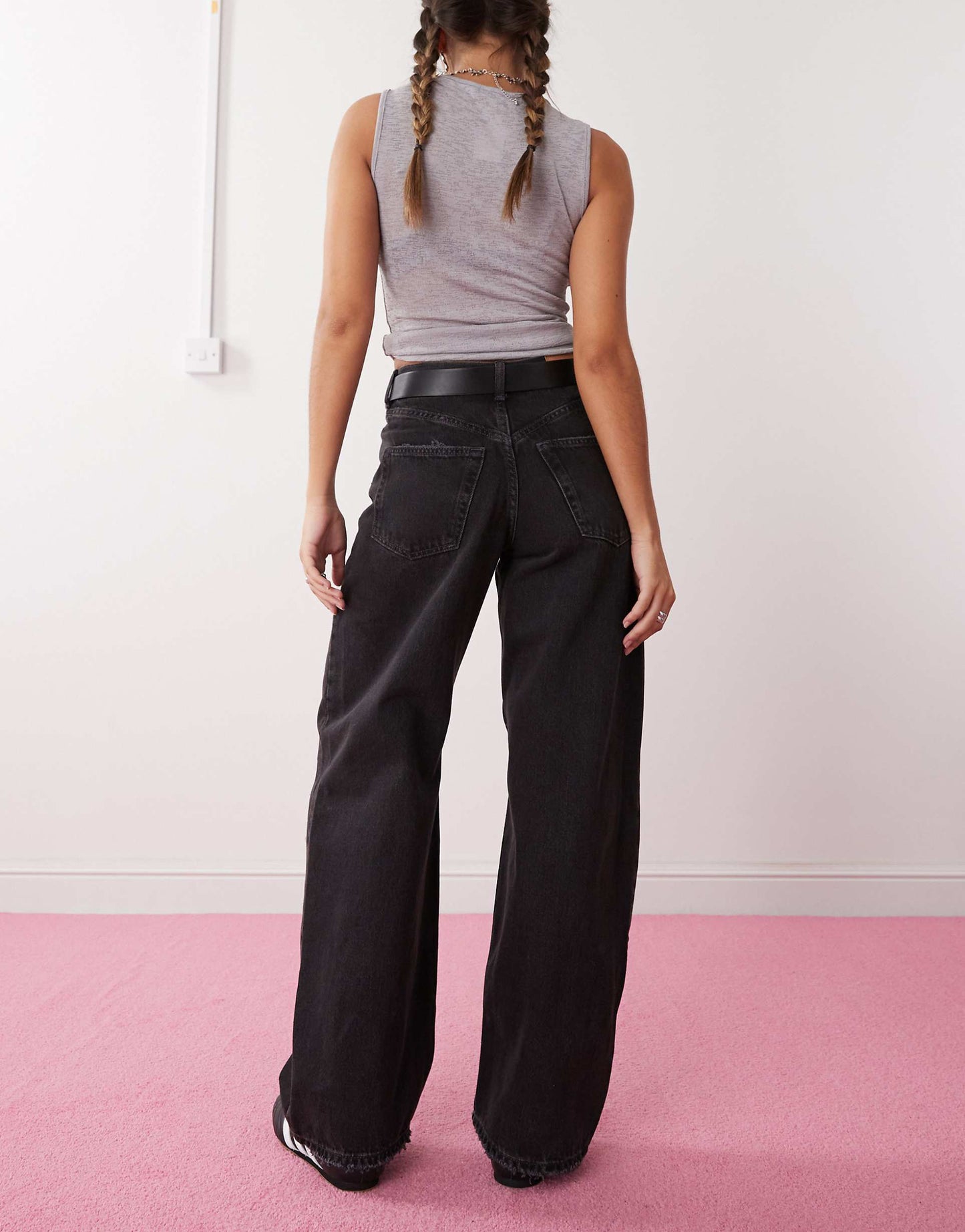 Oblique V Shaped Low Waist Barrel Leg Jeans With Slight Distressed Effect