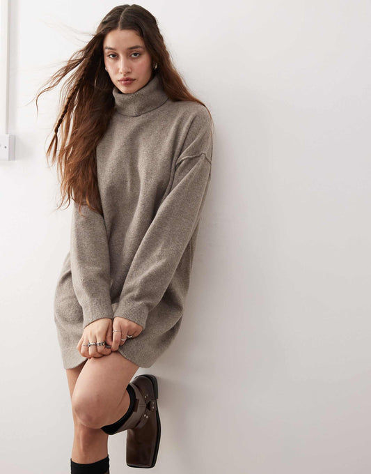 Annie Wool Blend Roll Neck Knitted Mini Dress