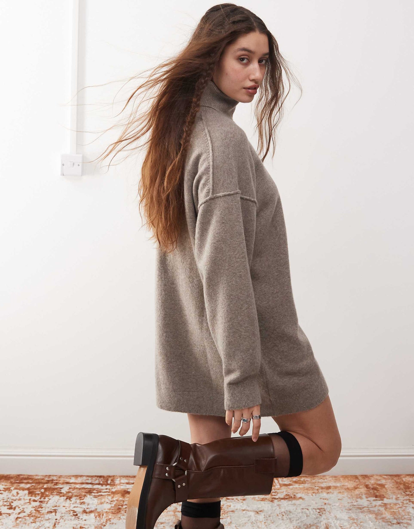 Annie Wool Blend Roll Neck Knitted Mini Dress