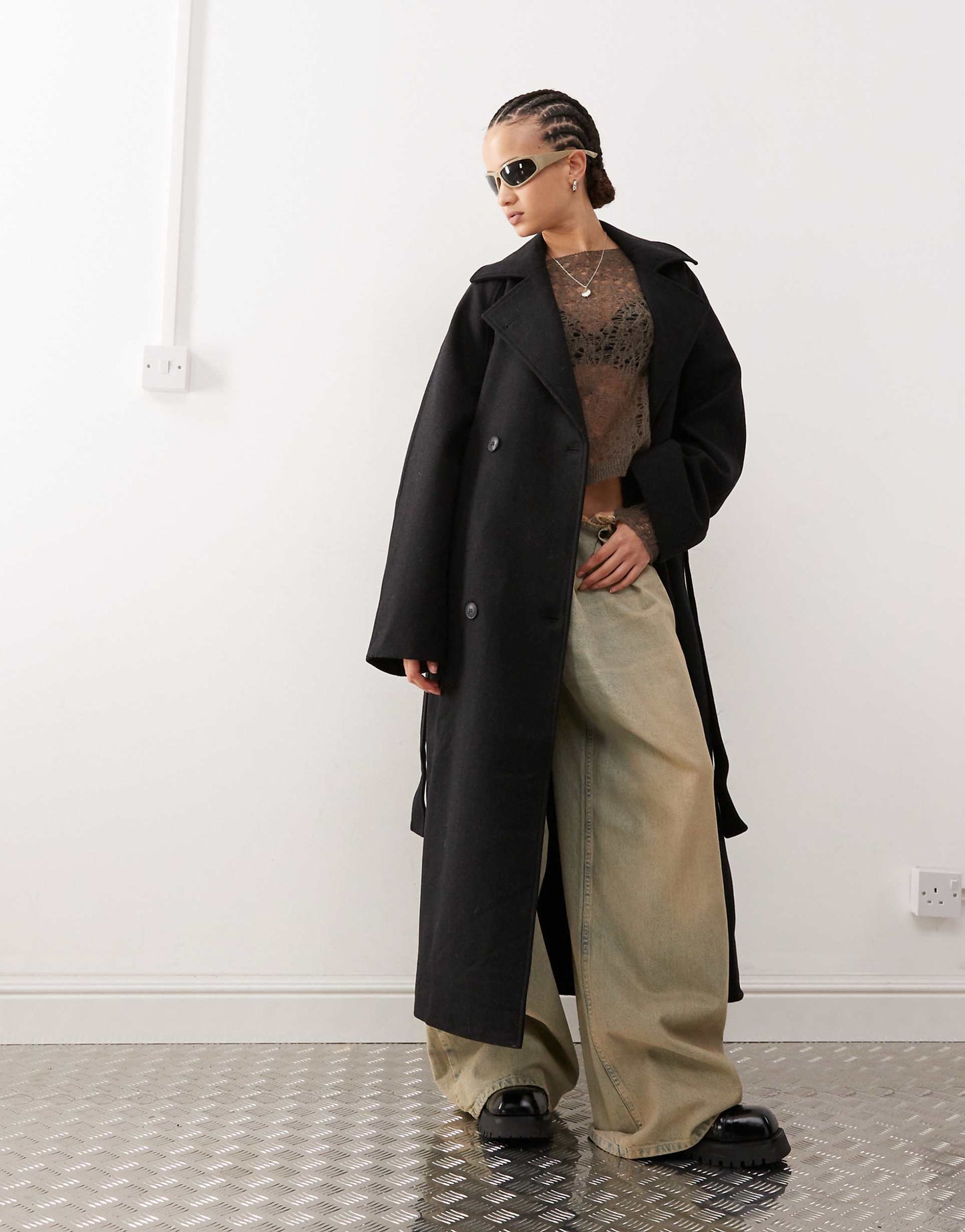 Lead Wool Blend Oversized Coat With Double Button And Tie Waist Detail