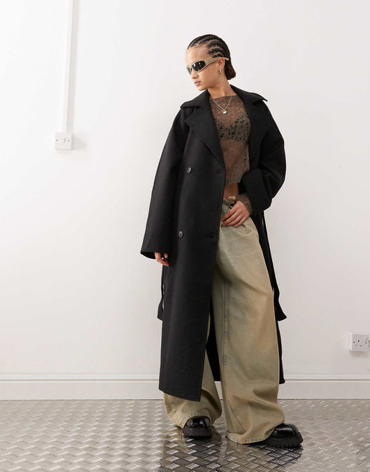 Lead Wool Blend Oversized Coat With Double Button And Tie Waist Detail