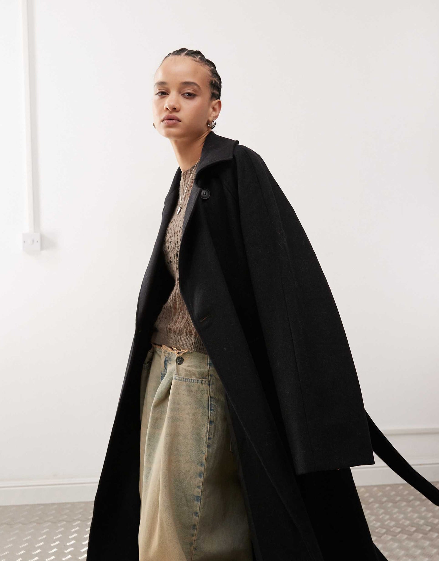 Lead Wool Blend Oversized Coat With Double Button And Tie Waist Detail