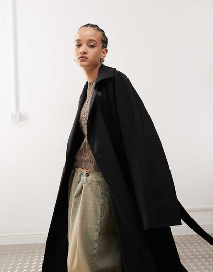 Lead Wool Blend Oversized Coat With Double Button And Tie Waist Detail