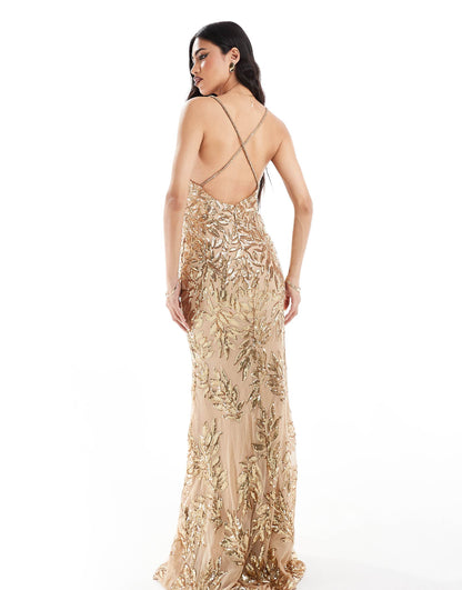 Cross Back Diamante Strap Sequin Maxi