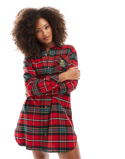 Brushed Herringbone Notch Collar Sleepshirt N Red Plaid