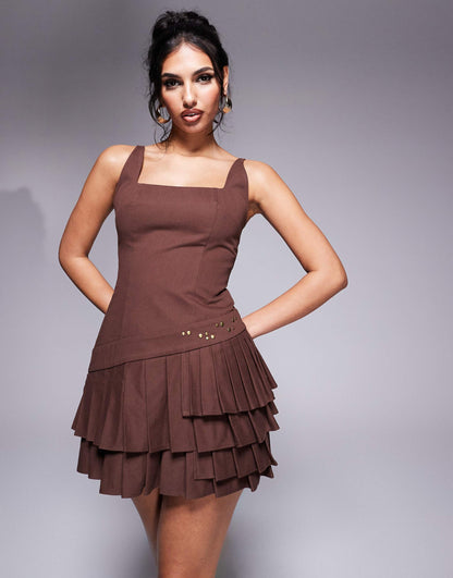 Exclusive Square Neck Lace Up Back Stud Detail Pleated Hem Mini Dress